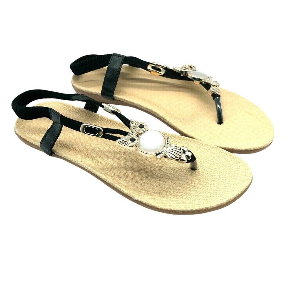 Womens Thong Sandals Ankle Strap Owl Rhinestones Black Size 40 US 8